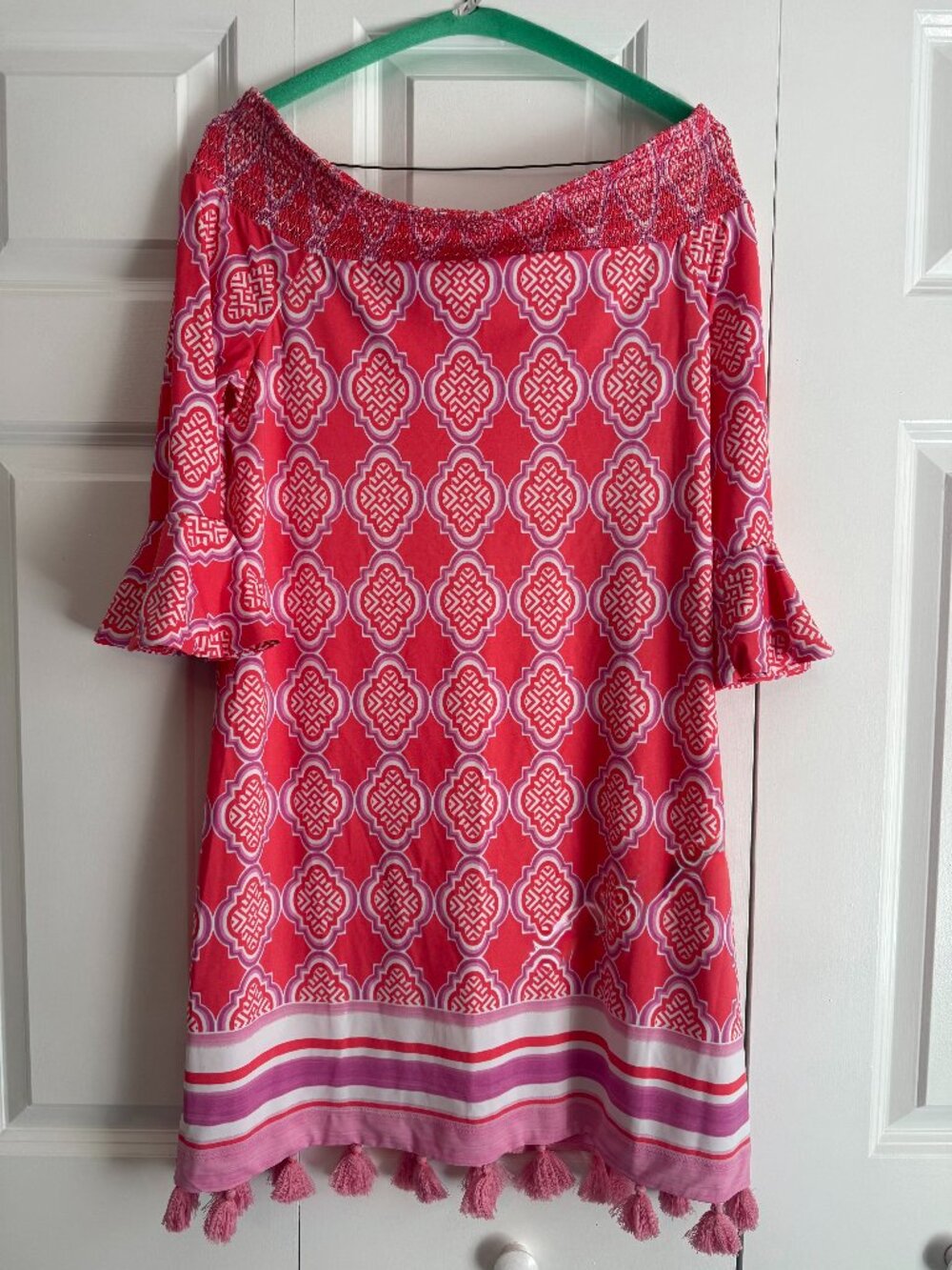 Cabana Life Coral Geo off-the-Shoulder Tassel Dress-size Medium - worn twice